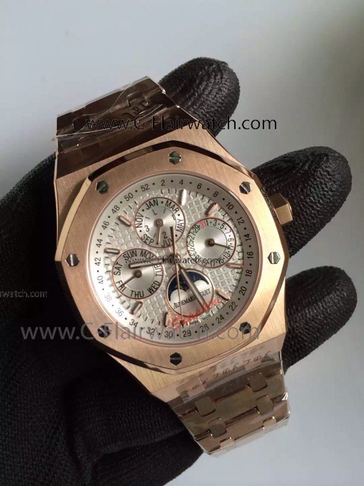 Replica Audemars Piguet Moon Phase Rose Gold Silver Dial Watch